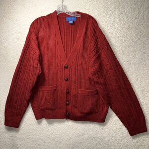 Vintage Towncraft Red Cable Knit Cardigan Sweater Extra Large XL Acrylic V-Neck